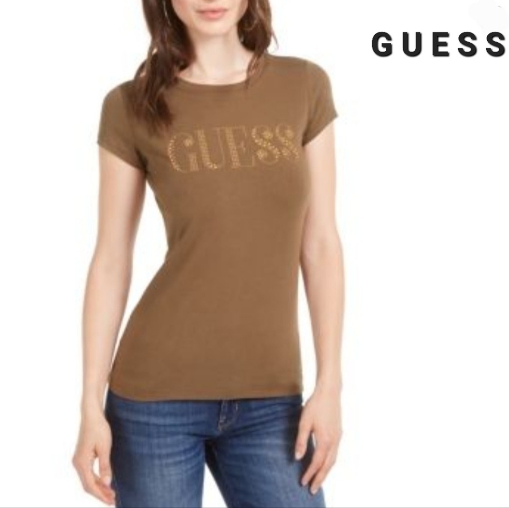 Guess Gold Beaded Logo Shirt  Brown/Olive Green Size Medium NWOT